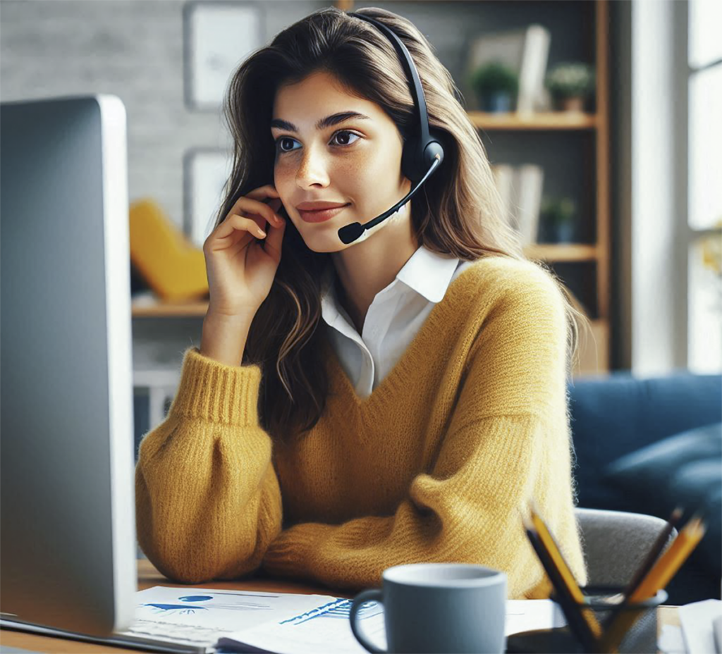 young girl with a headset using computer